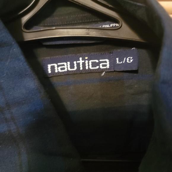 Mens sz L Nautica Navy blue and green plaid long sleeve shirt Classic Preppy - Picture 4 of 6